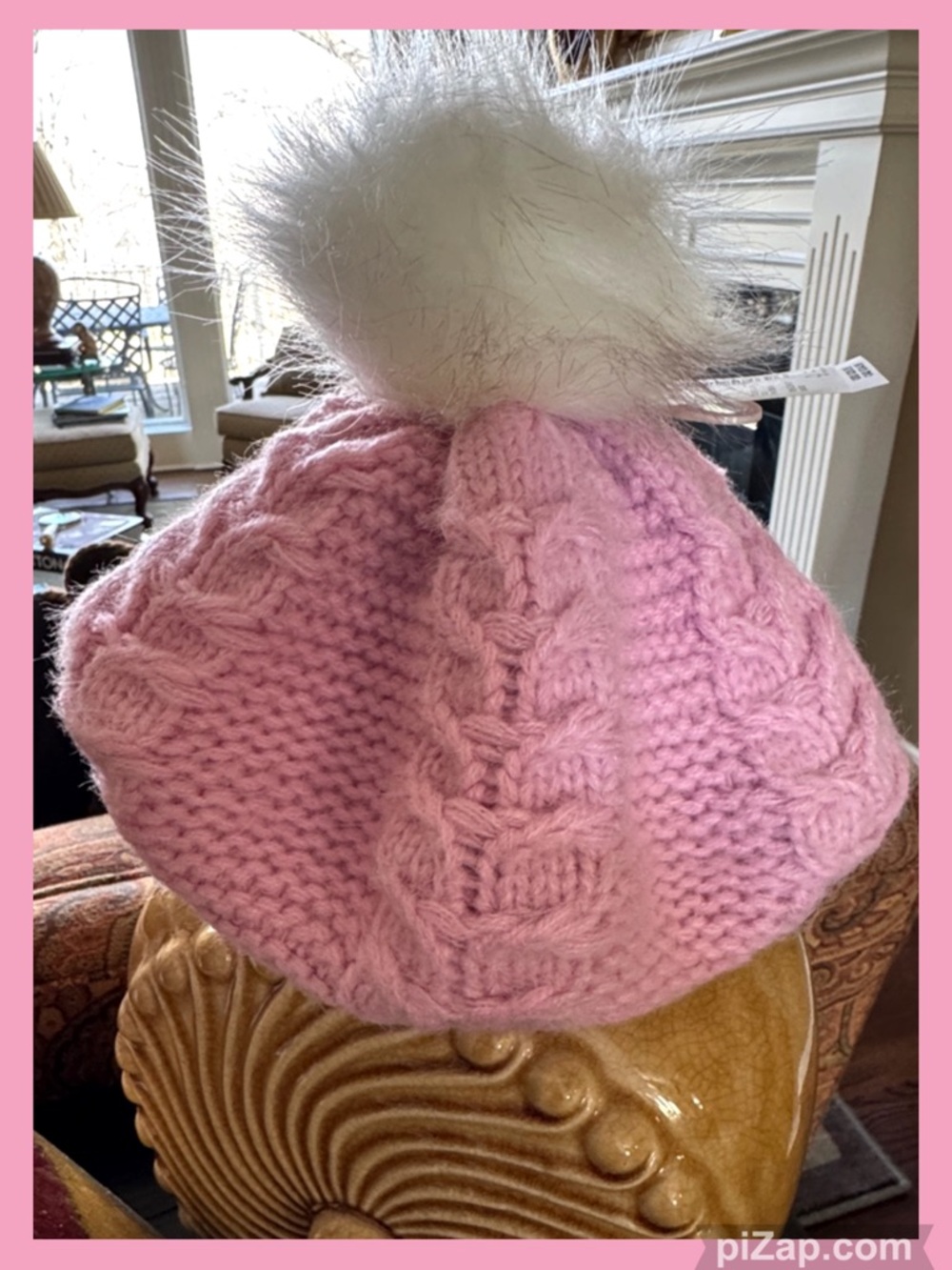 NWT ~ Handknit Pink Cable Pom Pom Beanie 8+